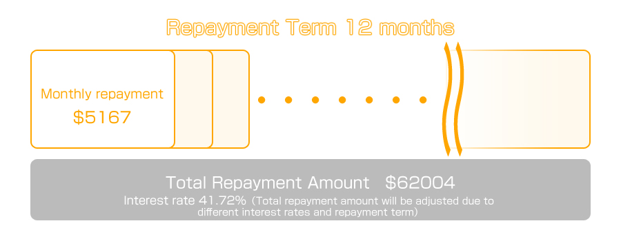 Interest rate 41.72%、Repayment Term 12 months
Monthly repayment　$5167
Total Repayment Amount　$62004
（Total repayment amount will be adjusted due to different interest rates and repayment term）
