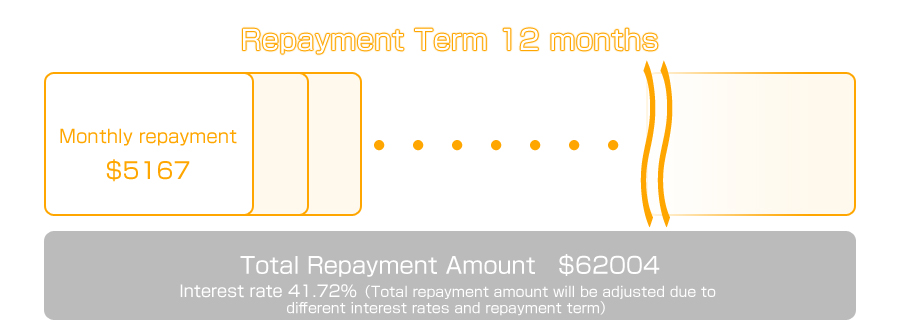 Interest rate 41.72%、Repayment Term 12 months
Monthly repayment　$5167
Total Repayment Amount　$62004
（Total repayment amount will be adjusted due to different interest rates and repayment term）
